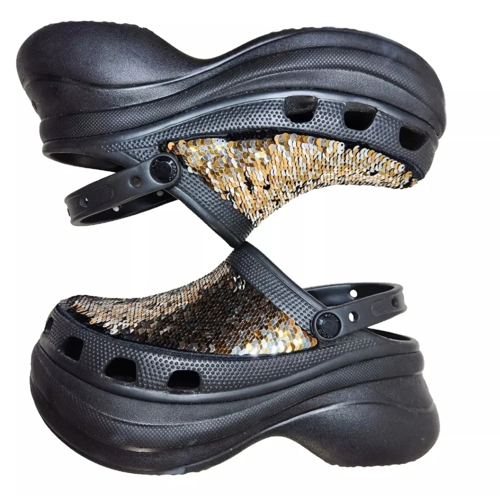 CROCS Classic Bae Silver Gold Sequin Platform Clog Sz 9 Black Multi - Picture 10 of 14